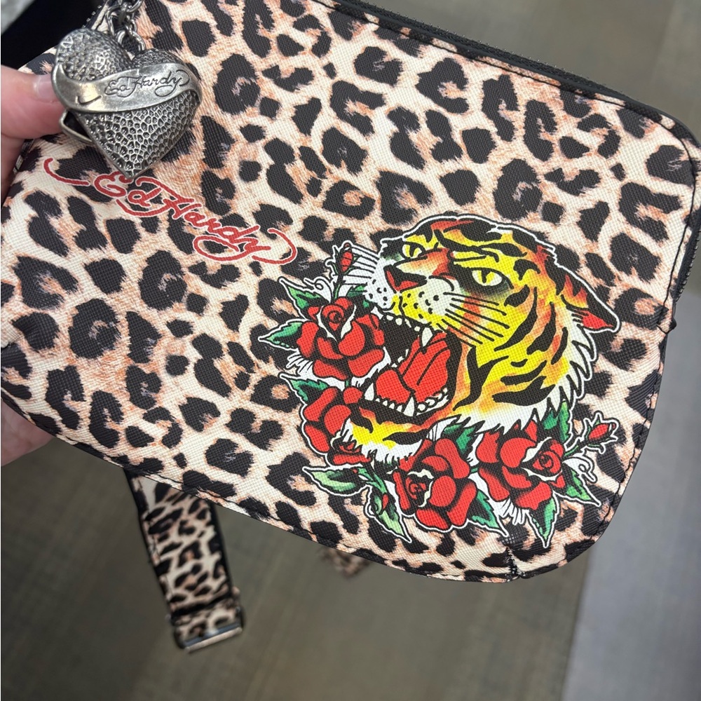 Ed Hardy Leopard Crossbody Bag with Tiger & Red Roses